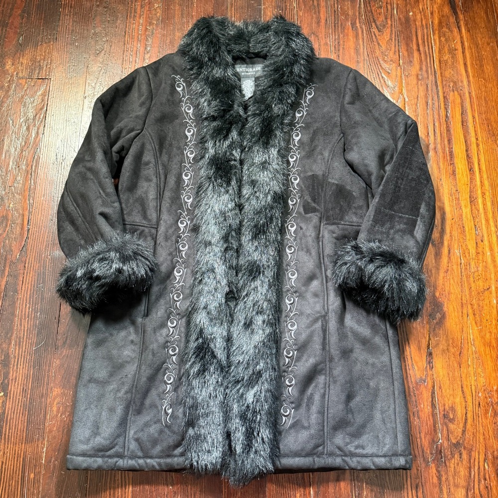 Centigrade Faux Suede Fur Trim Coat Womens Large Black Embroidered Scroll NEW